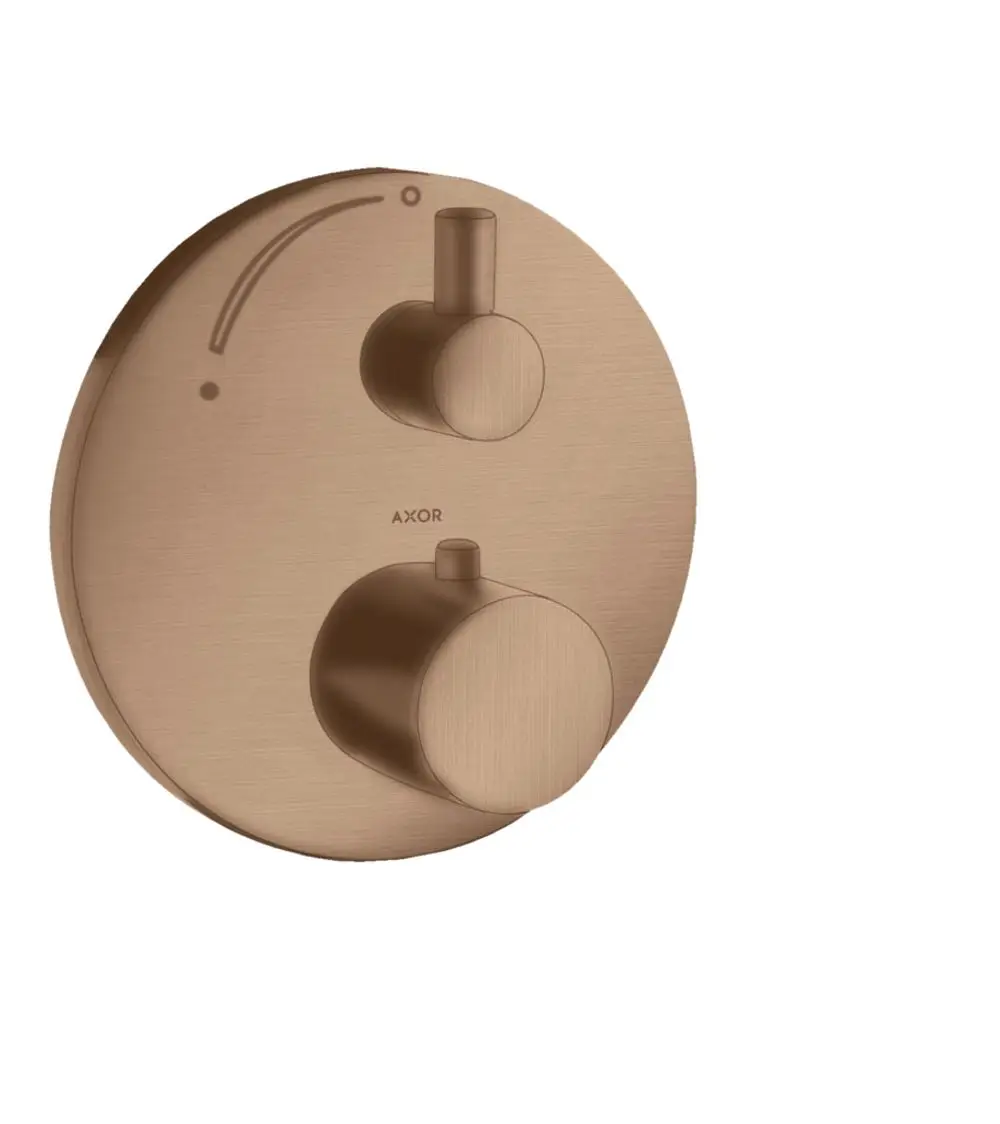 Thermostat mit zwei Bedienelementen, rundem Design und Oberfläche in brushed red gold, montiert auf einer Wand, gefertigt von AXOR.